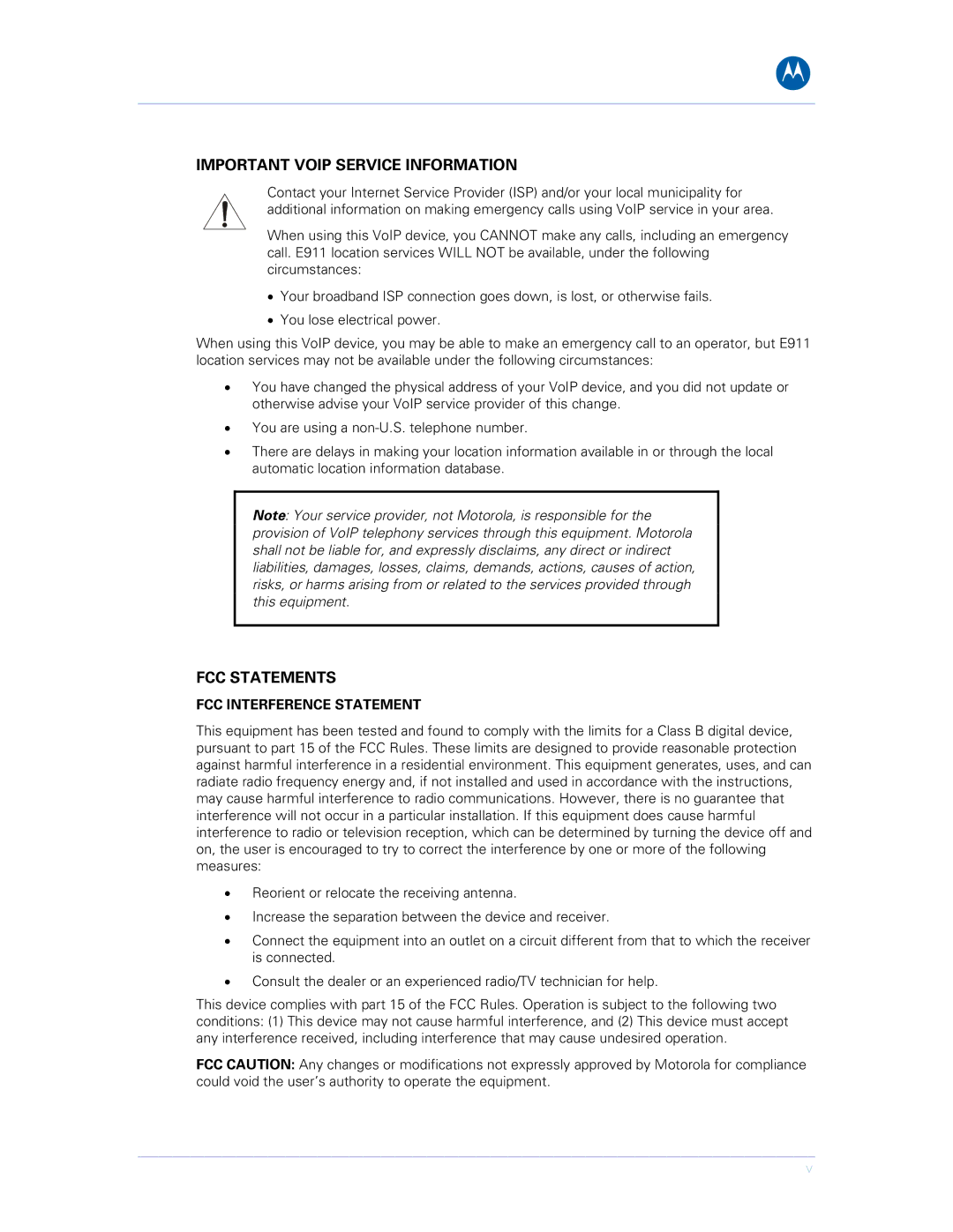 Motorola SVG1501E, SVG1501UE manual Important Voip Service Information, FCC Interference Statement 