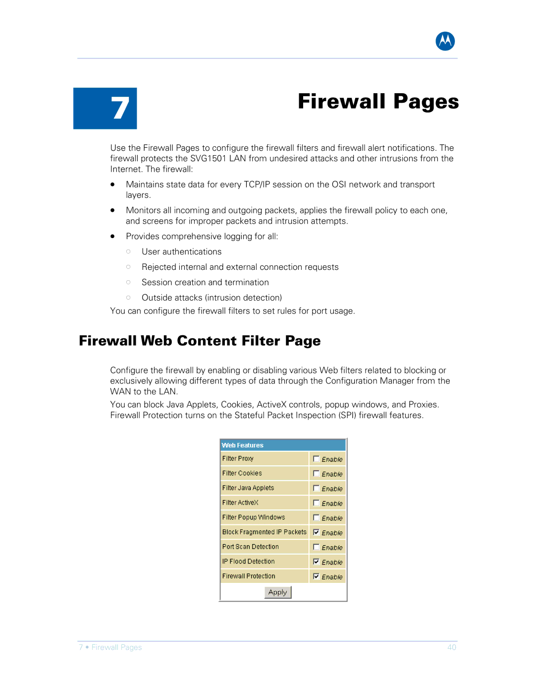 Motorola SVG1501UE, SVG1501E manual Firewall Pages, Firewall Web Content Filter 