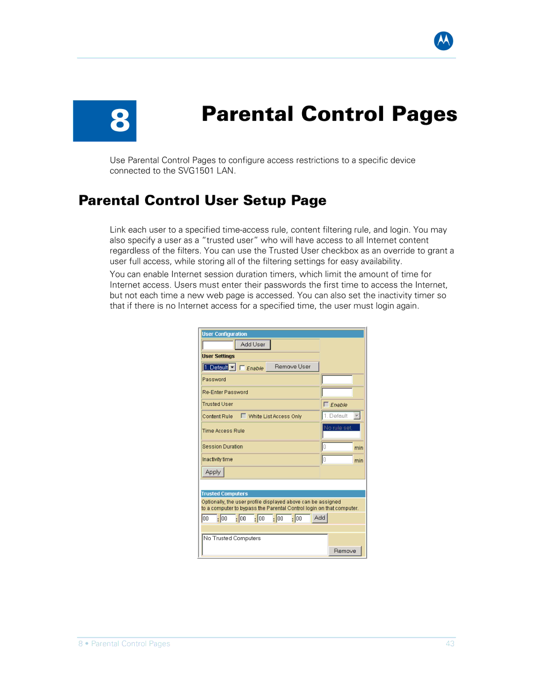 Motorola SVG1501E, SVG1501UE manual Parental Control Pages, Parental Control User Setup 