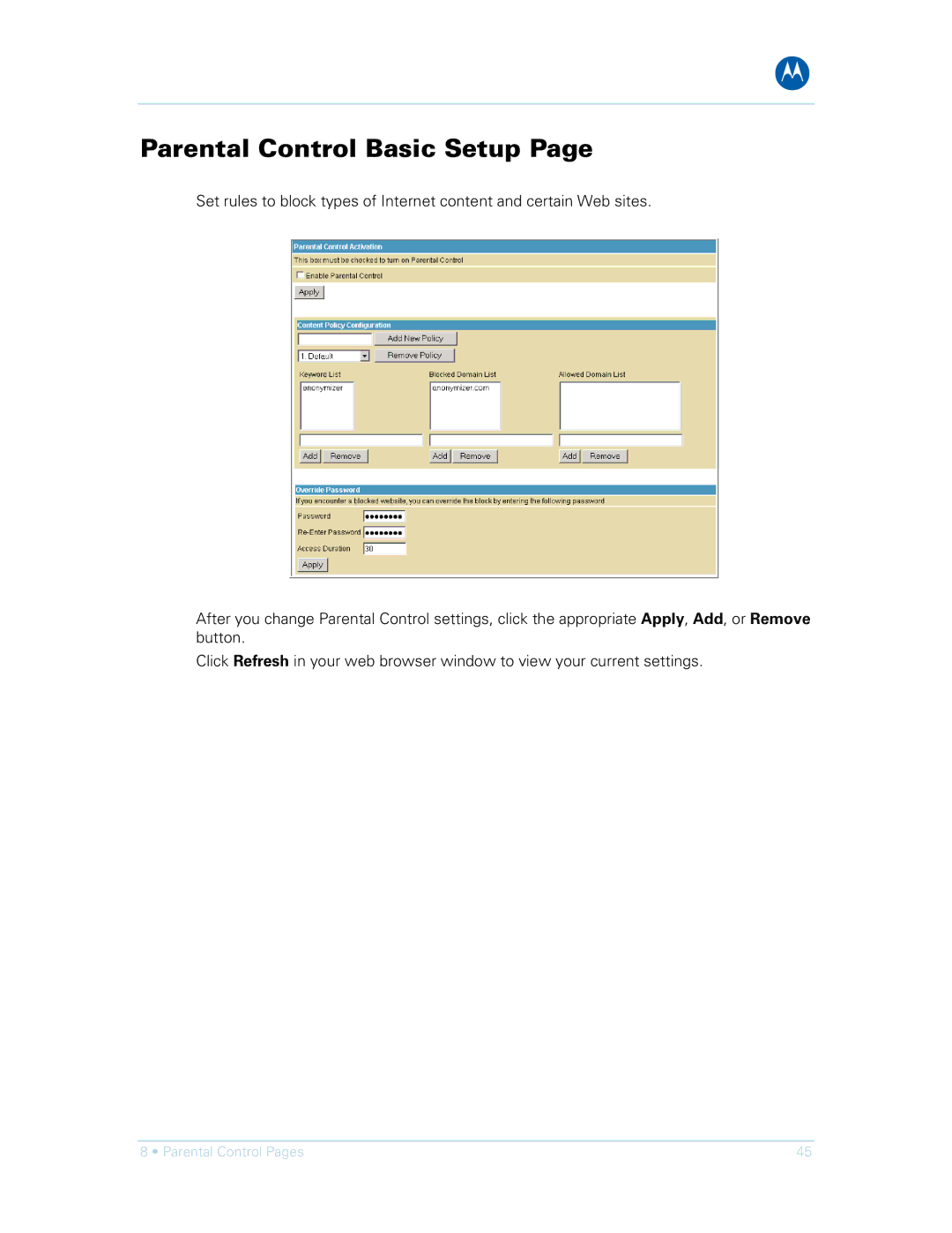 Motorola SVG1501E, SVG1501UE manual Parental Control Basic Setup 