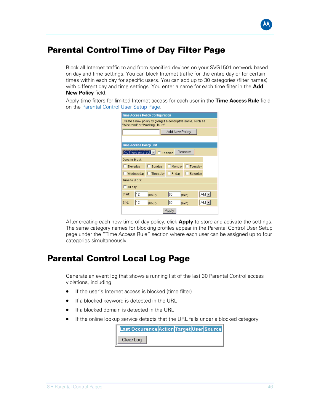 Motorola SVG1501UE, SVG1501E manual Parental Control Time of Day Filter, Parental Control Local Log 