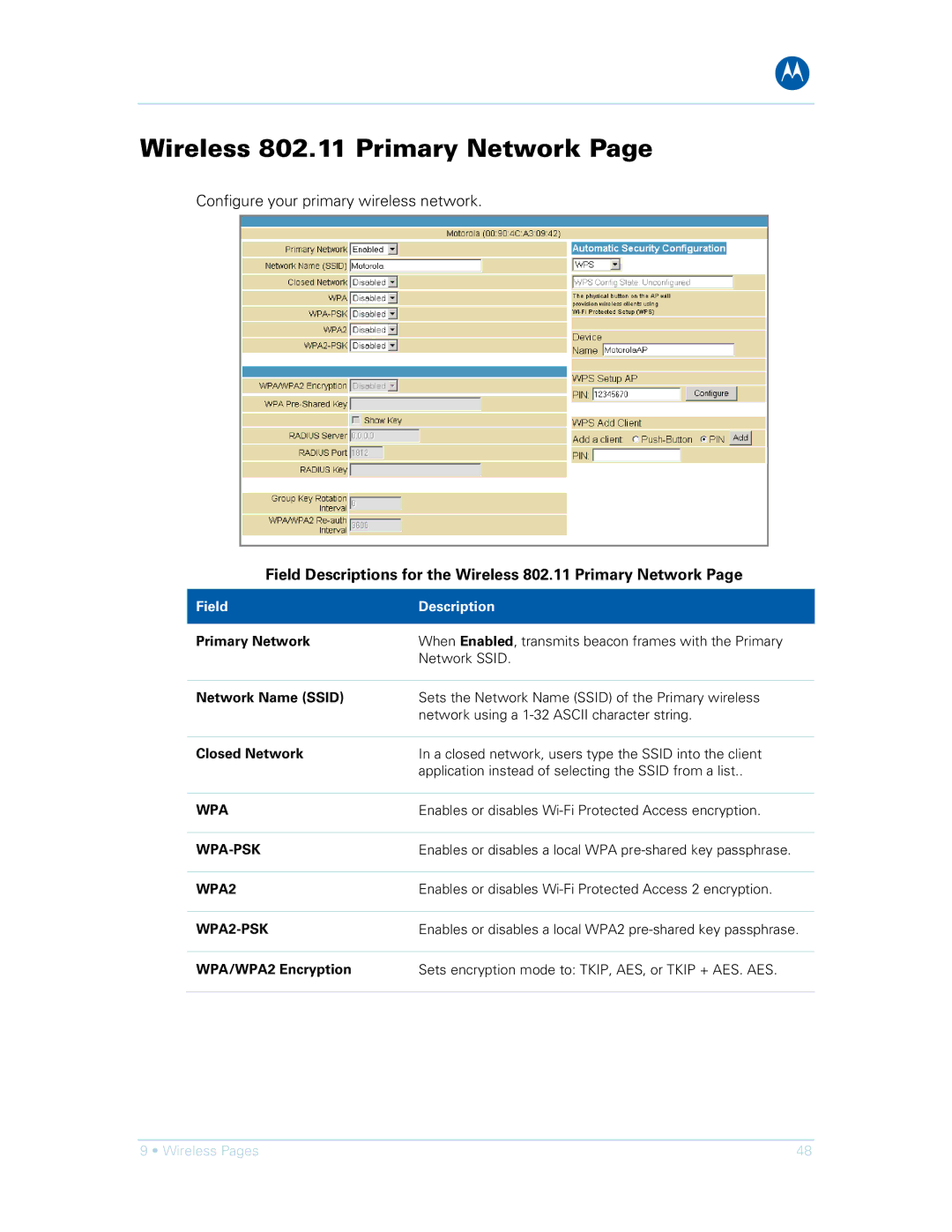 Motorola SVG1501UE, SVG1501E manual Field Descriptions for the Wireless 802.11 Primary Network 