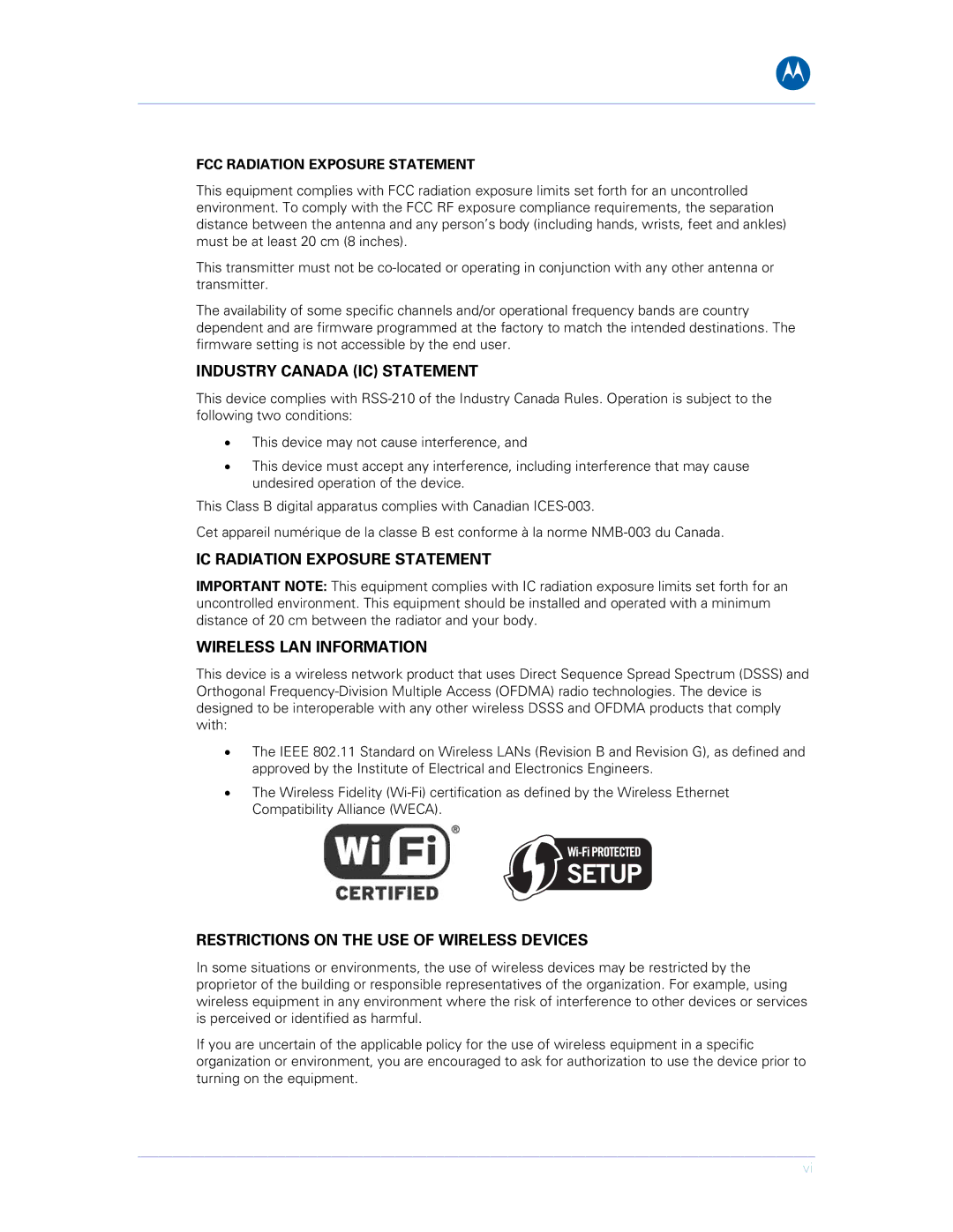 Motorola SVG1501UE, SVG1501E manual Industry Canada IC Statement, FCC Radiation Exposure Statement 