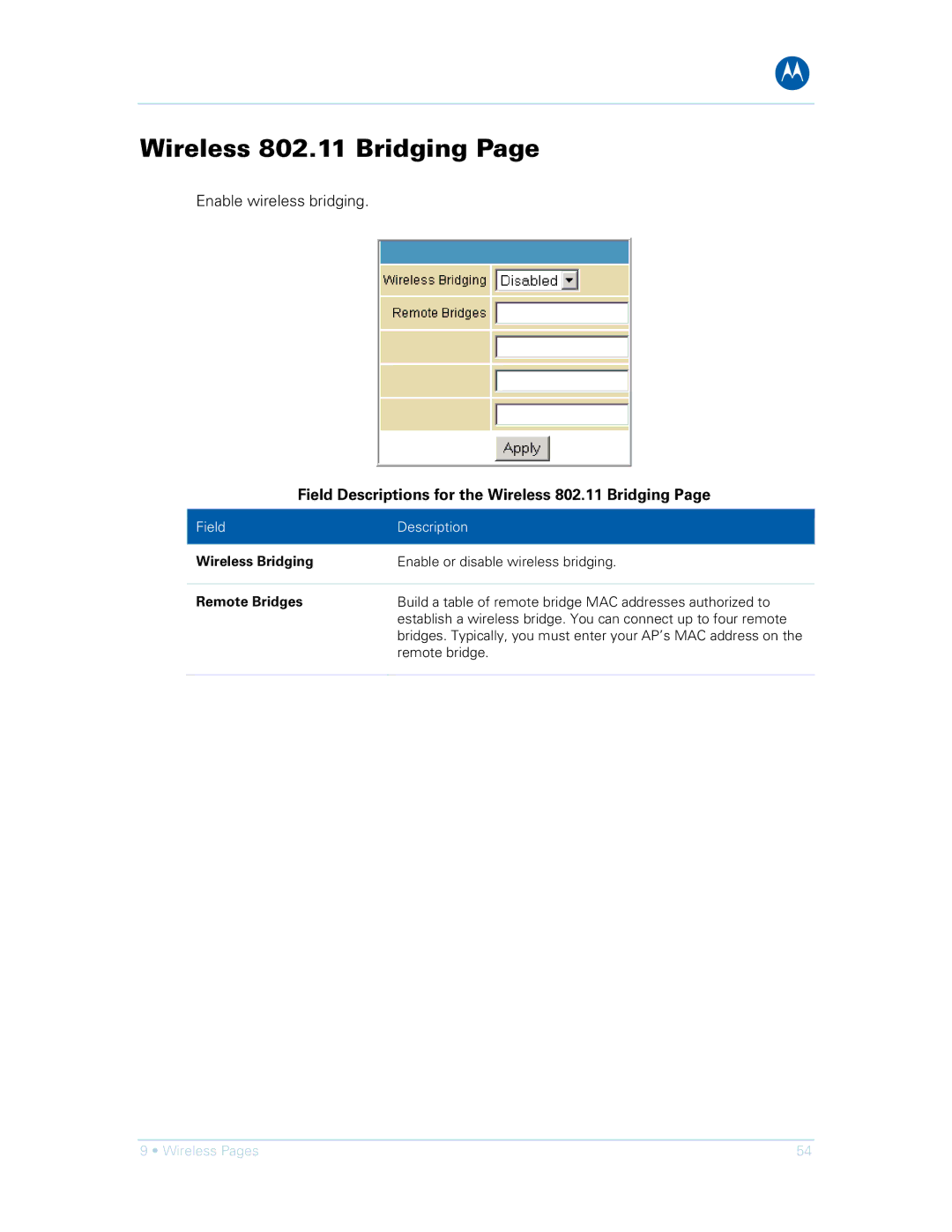 Motorola SVG1501UE, SVG1501E Field Descriptions for the Wireless 802.11 Bridging, Wireless Bridging, Remote Bridges 