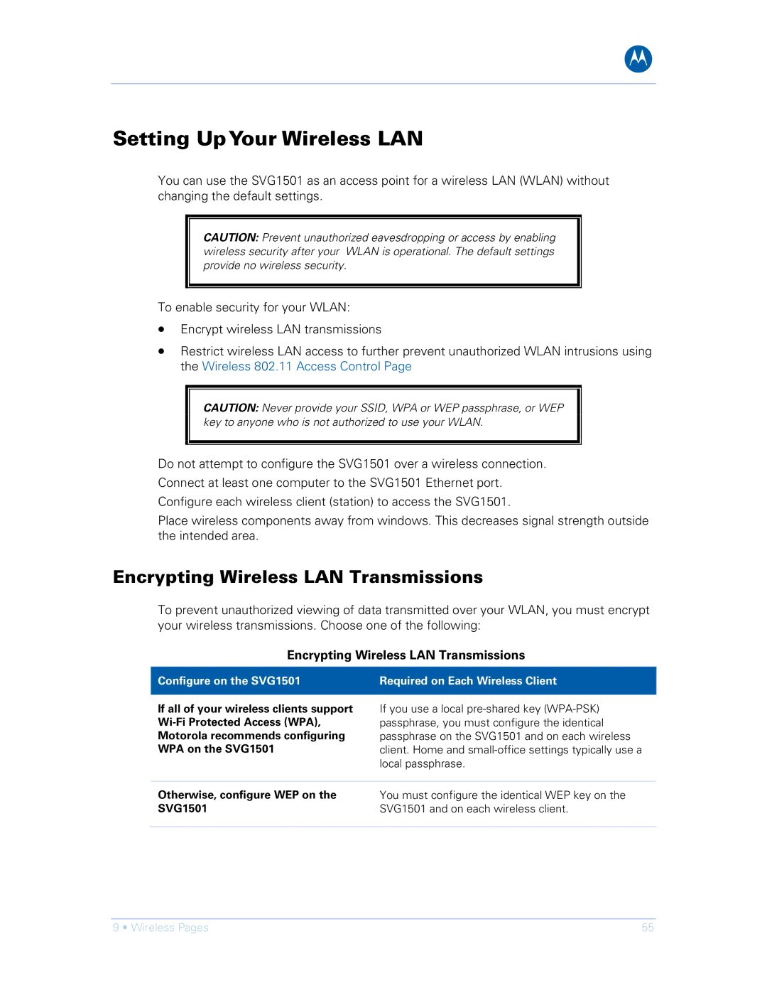 Motorola SVG1501E, SVG1501UE manual Setting UpYour Wireless LAN, Encrypting Wireless LAN Transmissions 