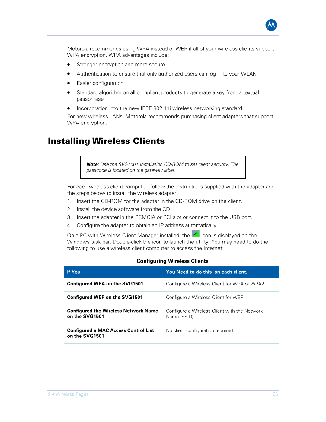 Motorola SVG1501UE, SVG1501E manual Installing Wireless Clients, Configuring Wireless Clients 