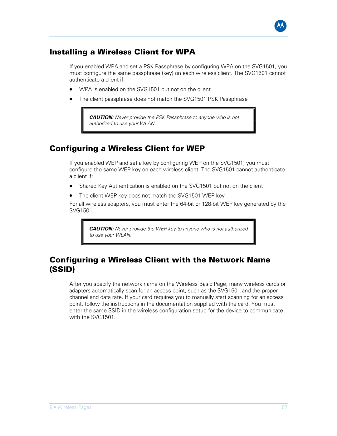 Motorola SVG1501E, SVG1501UE manual Installing a Wireless Client for WPA, Configuring a Wireless Client for WEP 