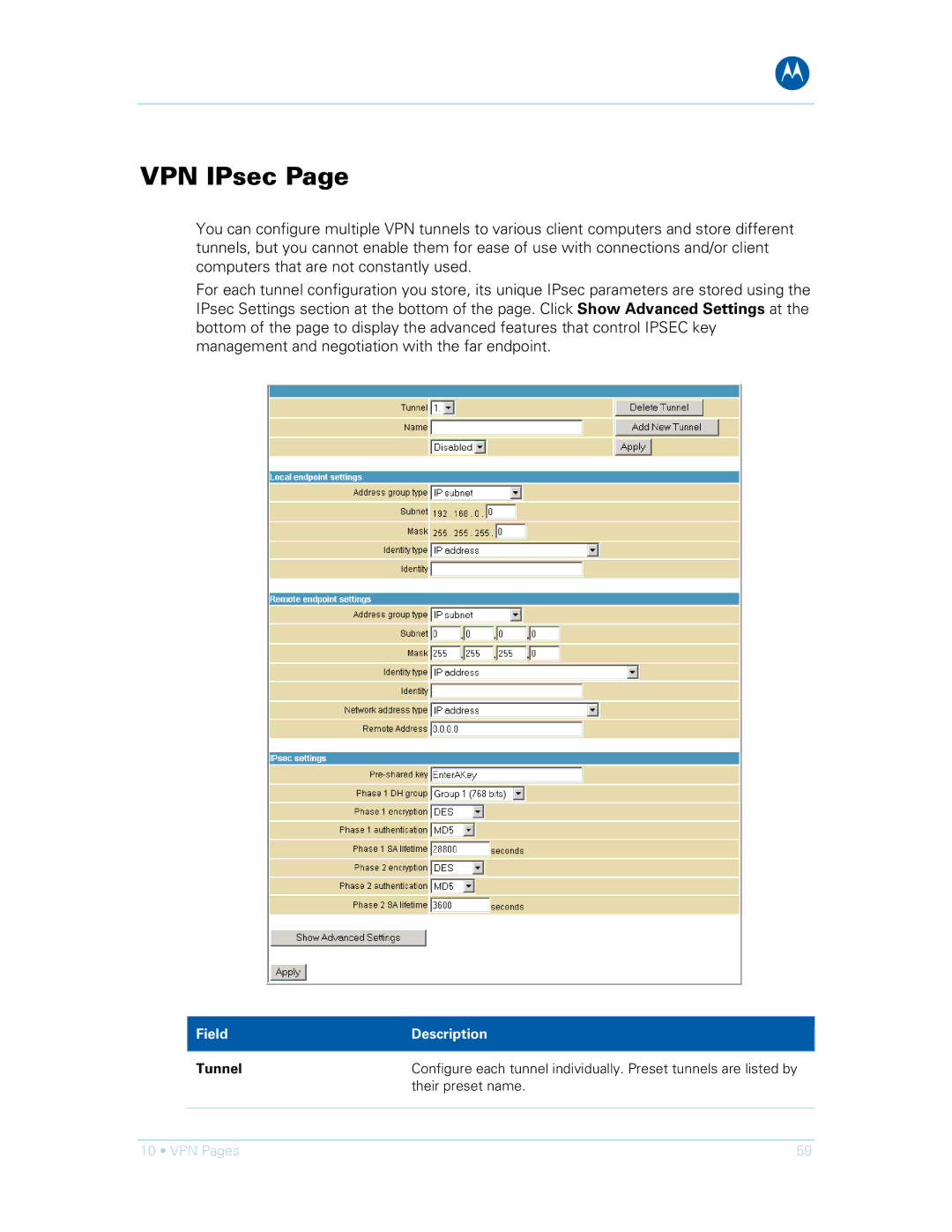 Motorola SVG1501E, SVG1501UE manual VPN IPsec 