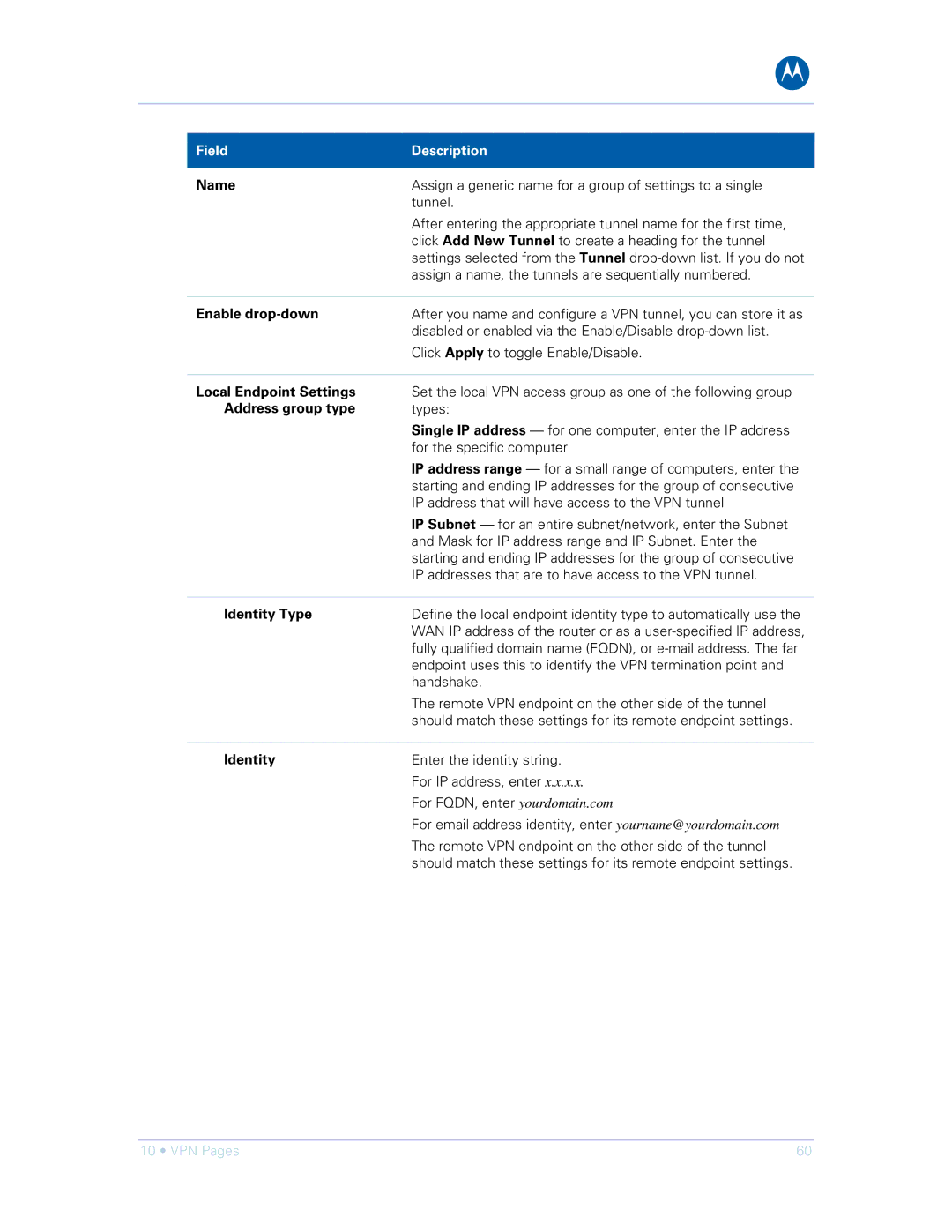 Motorola SVG1501UE, SVG1501E manual Name, Enable drop-down, Local Endpoint Settings, Address group type, Identity Type 