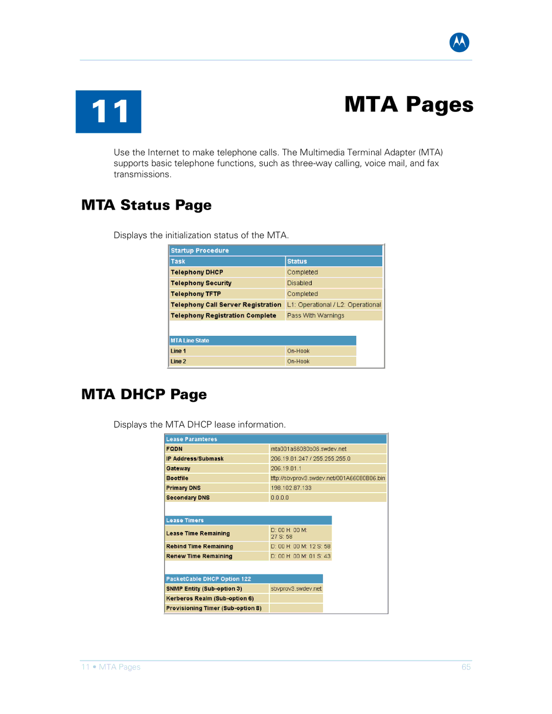 Motorola SVG1501E, SVG1501UE manual MTA Pages, MTA Status, MTA Dhcp 