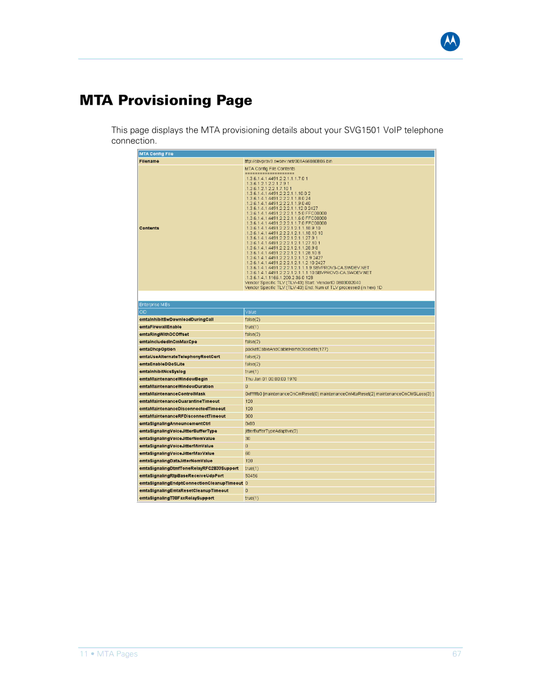 Motorola SVG1501E, SVG1501UE manual MTA Provisioning 