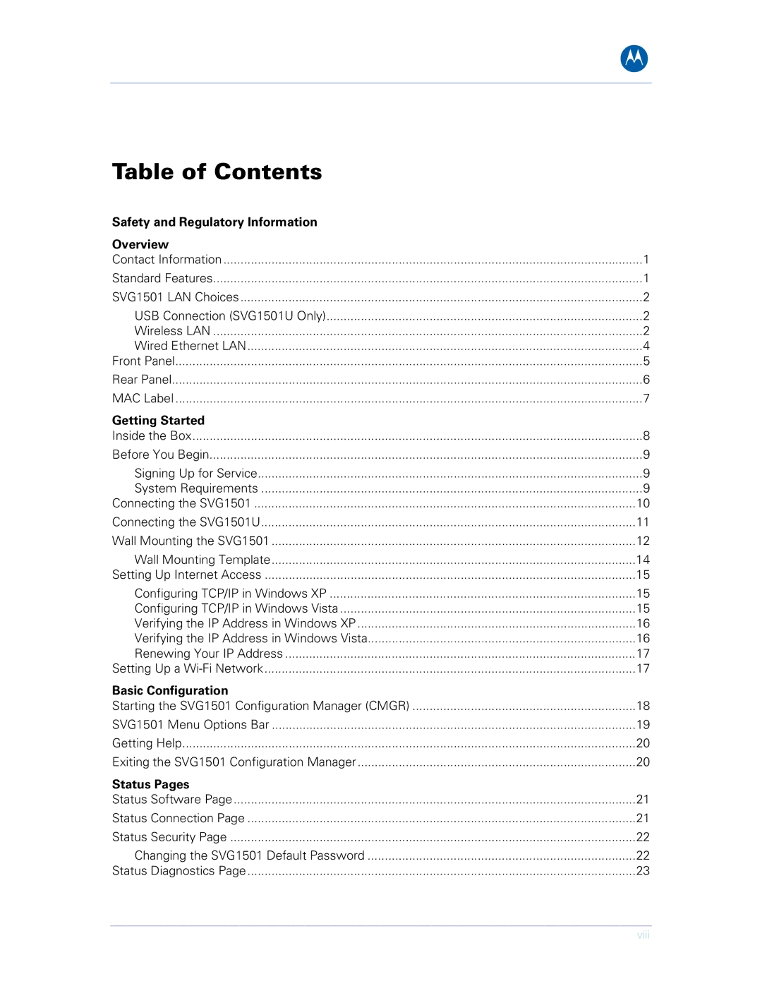 Motorola SVG1501UE, SVG1501E manual Table of Contents 