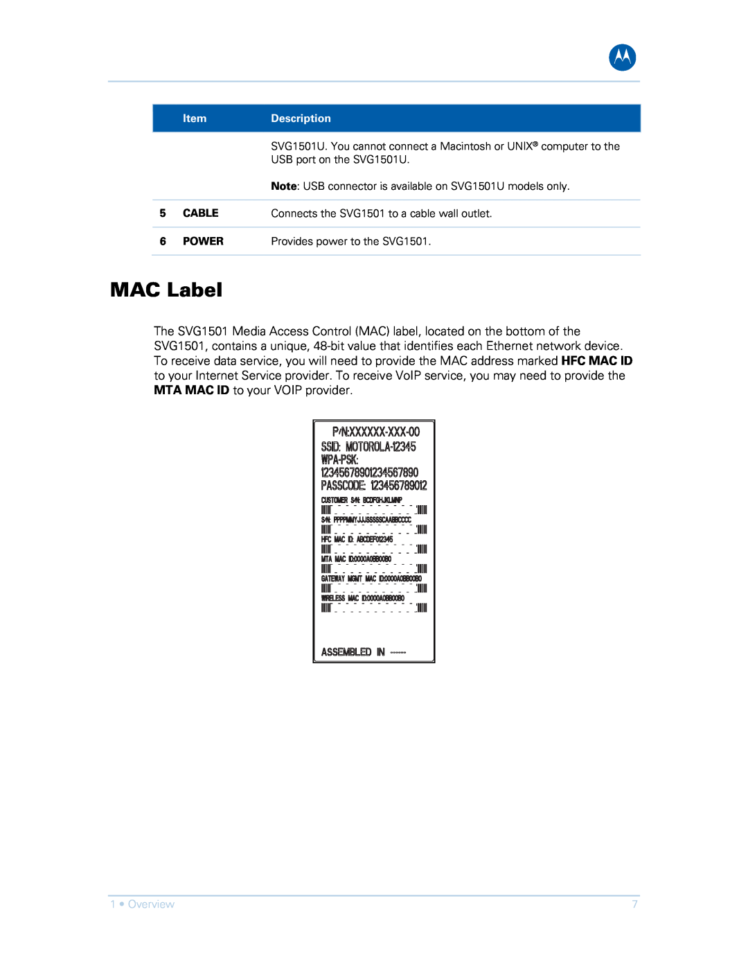 Motorola SVG1501E, SVG1501UE manual MAC Label 