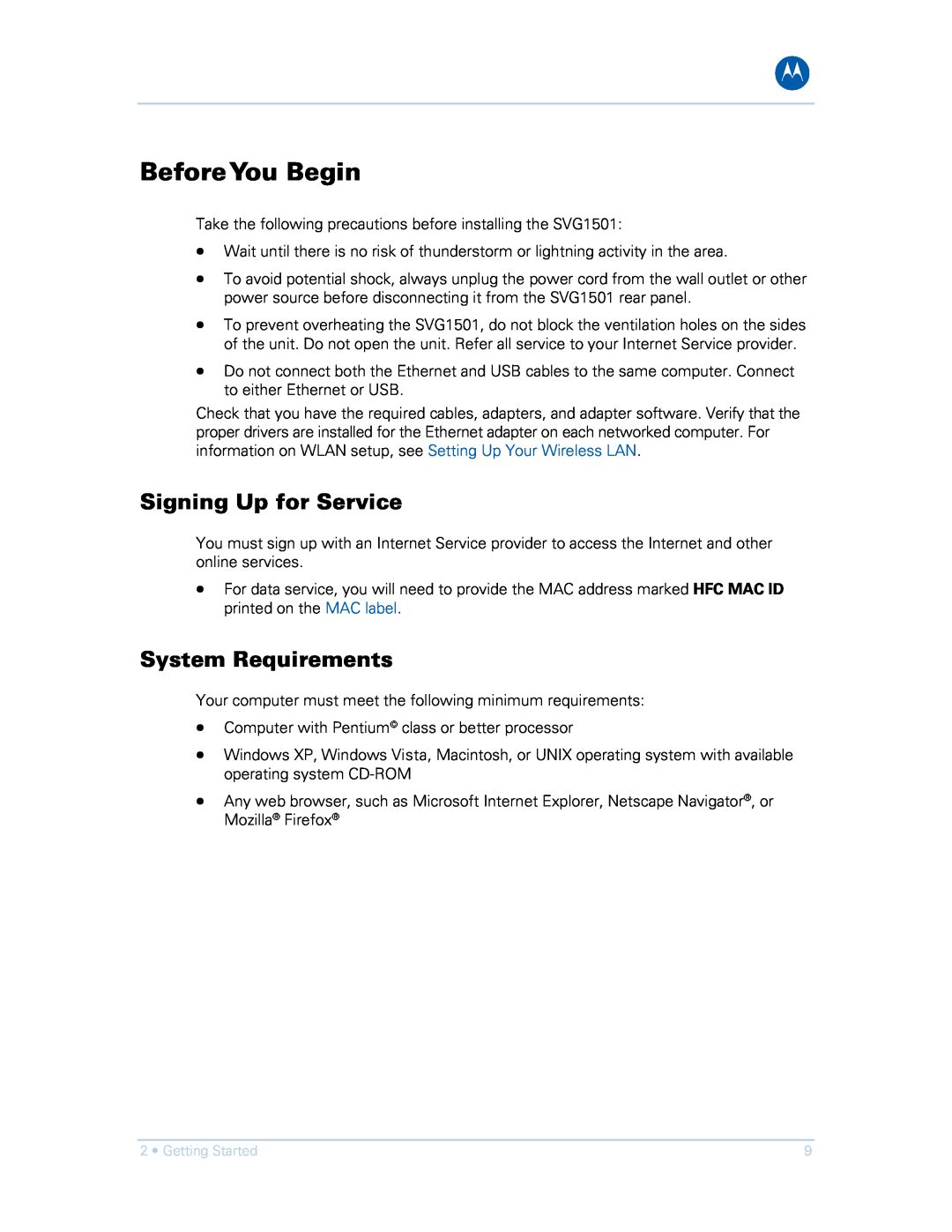 Motorola SVG1501E, SVG1501UE manual BeforeYou Begin, Signing Up for Service, System Requirements 