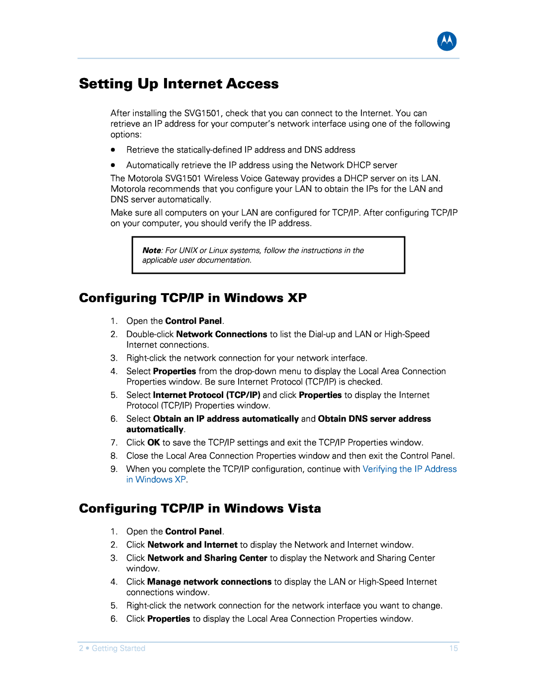Motorola SVG1501E manual Setting Up Internet Access, Configuring TCP/IP in Windows XP, Configuring TCP/IP in Windows Vista 