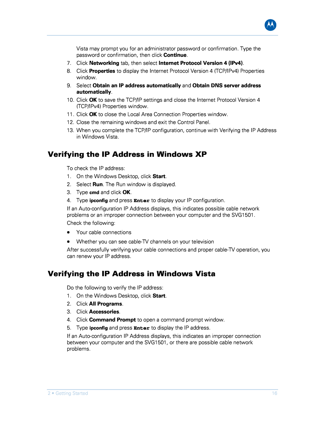 Motorola SVG1501UE, SVG1501E manual Verifying the IP Address in Windows XP, Verifying the IP Address in Windows Vista 
