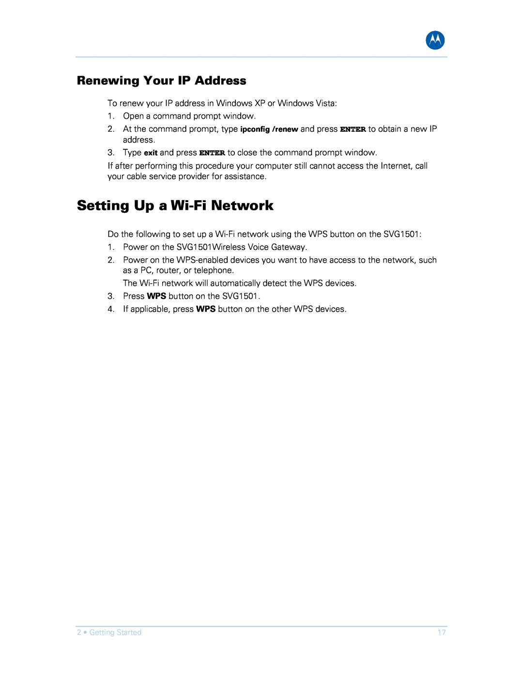 Motorola SVG1501E, SVG1501UE manual Setting Up a Wi-Fi Network, Renewing Your IP Address 
