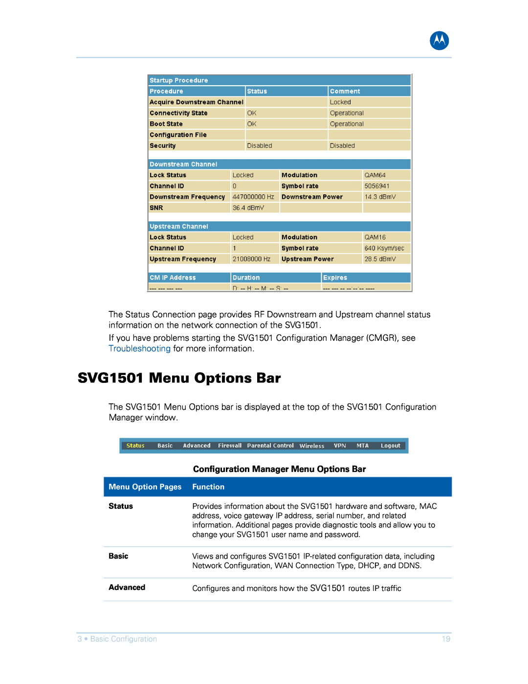 Motorola SVG1501E, SVG1501UE manual SVG1501 Menu Options Bar, Configuration Manager Menu Options Bar 