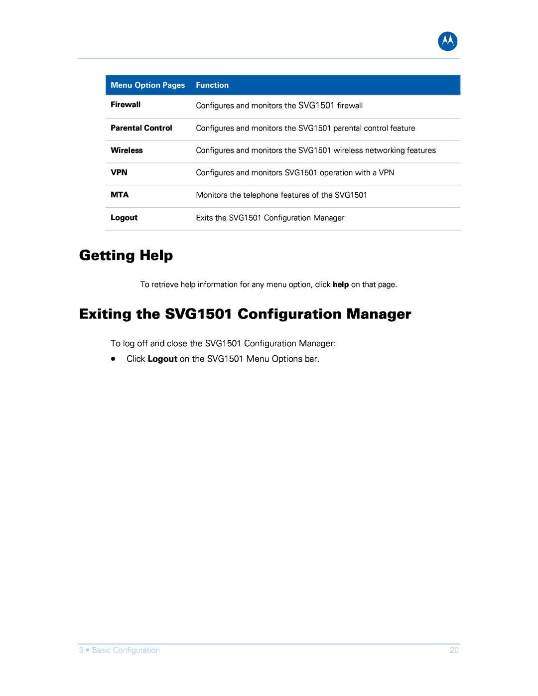 Motorola SVG1501UE Getting Help, Exiting the SVG1501 Configuration Manager, Menu Option Pages, Function, Firewall, Logout 