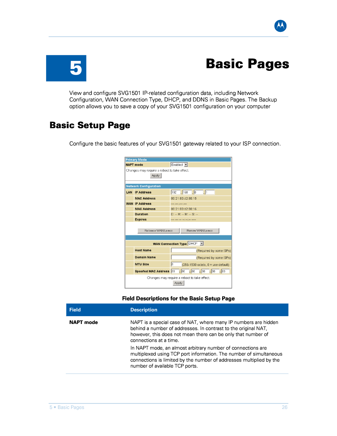 Motorola SVG1501UE, SVG1501E manual Basic Pages, Field Descriptions for the Basic Setup Page 