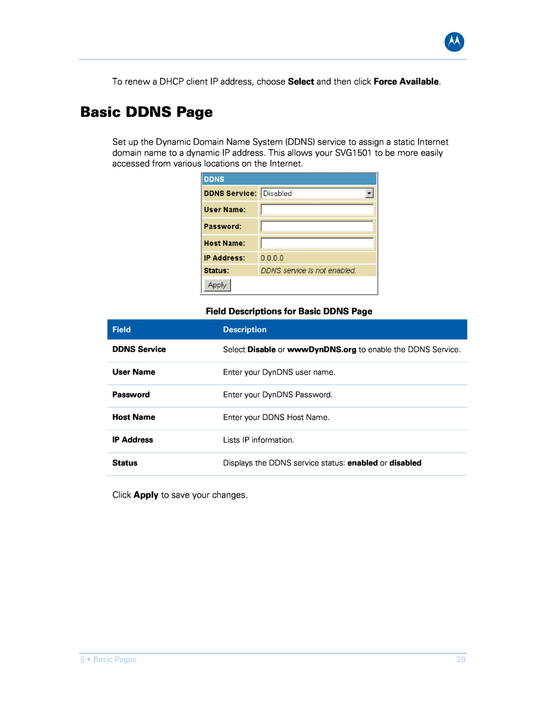 Motorola SVG1501E, SVG1501UE manual Field Descriptions for Basic DDNS Page 