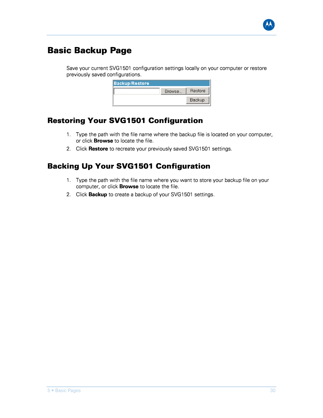 Motorola SVG1501UE manual Basic Backup Page, Restoring Your SVG1501 Configuration, Backing Up Your SVG1501 Configuration 
