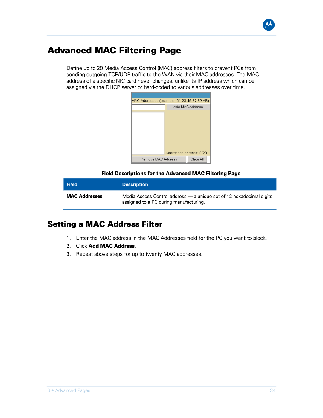 Motorola SVG1501UE, SVG1501E manual Advanced MAC Filtering Page, Setting a MAC Address Filter, Click Add MAC Address 