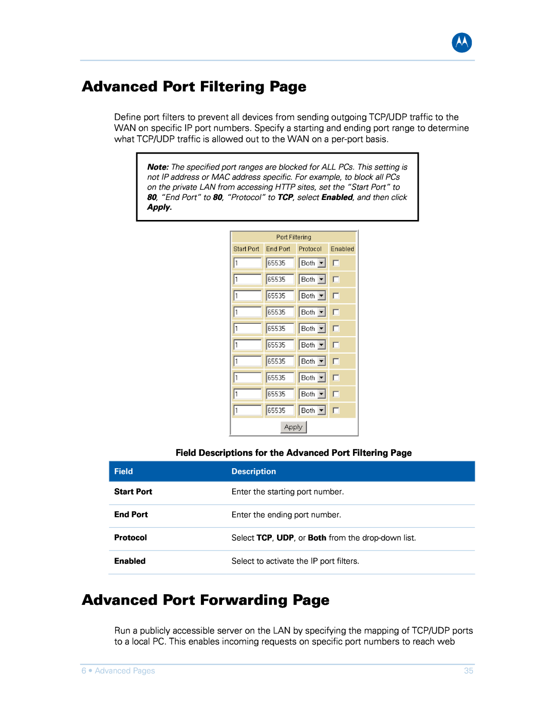 Motorola SVG1501E, SVG1501UE manual Advanced Port Filtering Page, Advanced Port Forwarding Page 