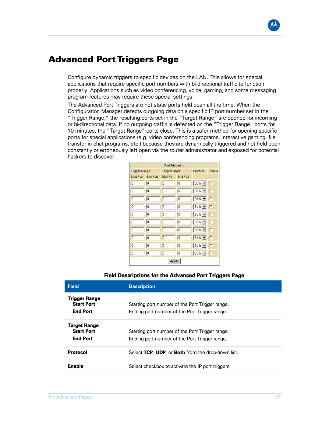 Motorola SVG1501E, SVG1501UE manual Field Descriptions for the Advanced Port Triggers Page 