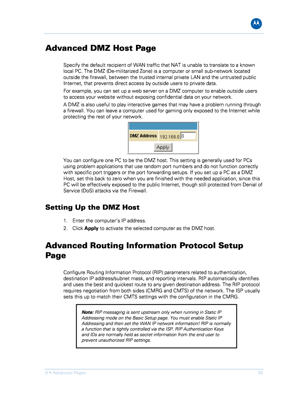 Motorola SVG1501UE manual Advanced DMZ Host Page, Advanced Routing Information Protocol Setup Page, Setting Up the DMZ Host 