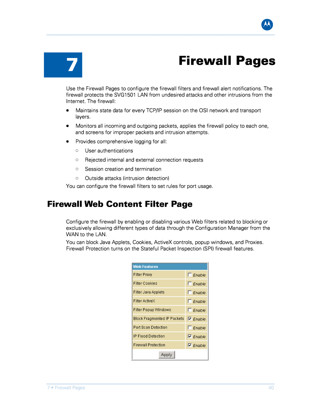 Motorola SVG1501UE, SVG1501E manual Firewall Pages, Firewall Web Content Filter Page 