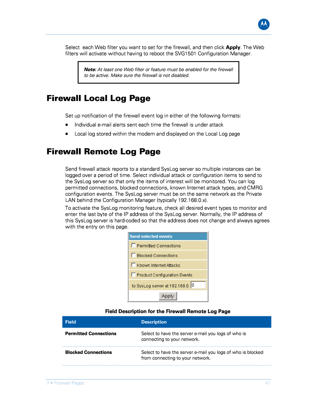 Motorola SVG1501E, SVG1501UE manual Firewall Local Log Page, Field Description for the Firewall Remote Log Page 