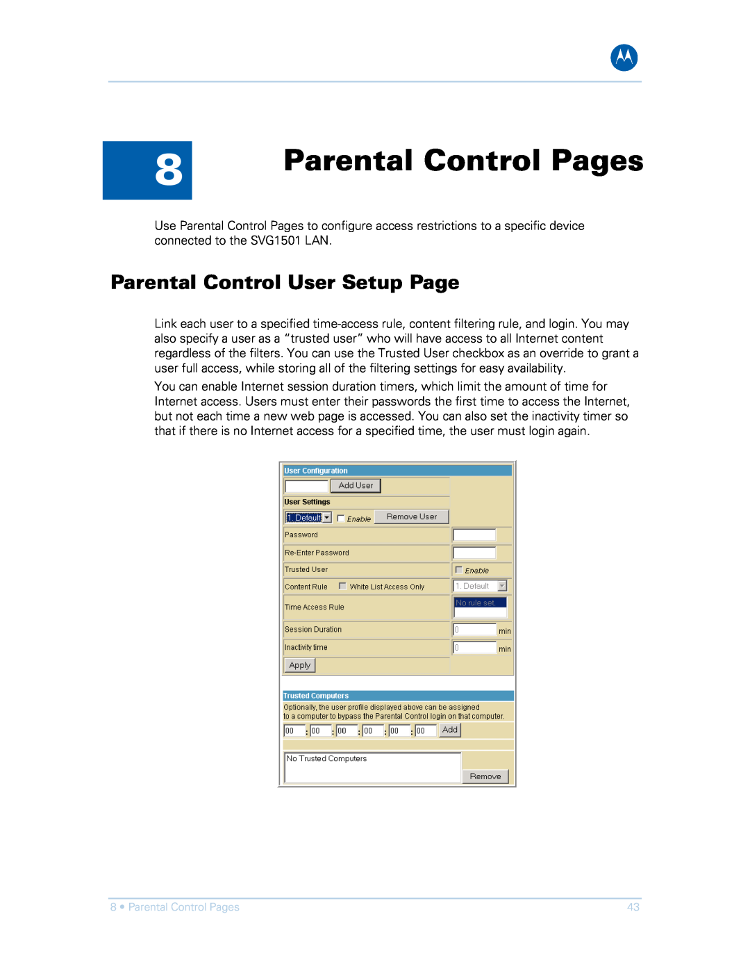 Motorola SVG1501E, SVG1501UE manual Parental Control Pages, Parental Control User Setup Page 