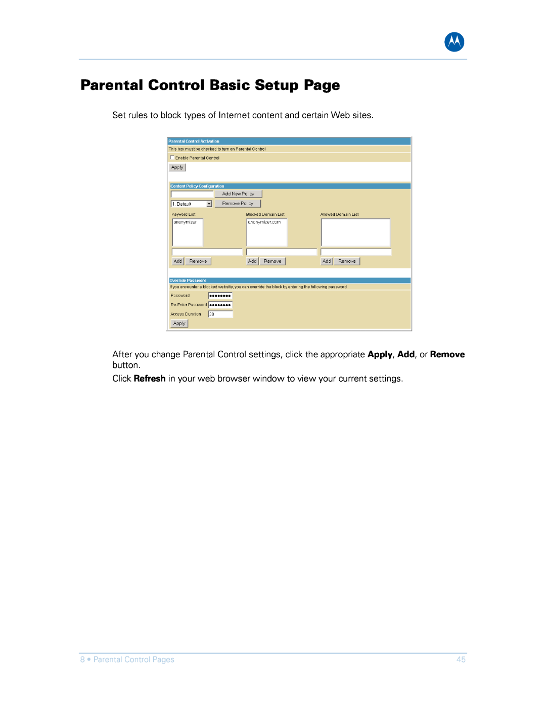 Motorola SVG1501E Parental Control Basic Setup Page, Set rules to block types of Internet content and certain Web sites 