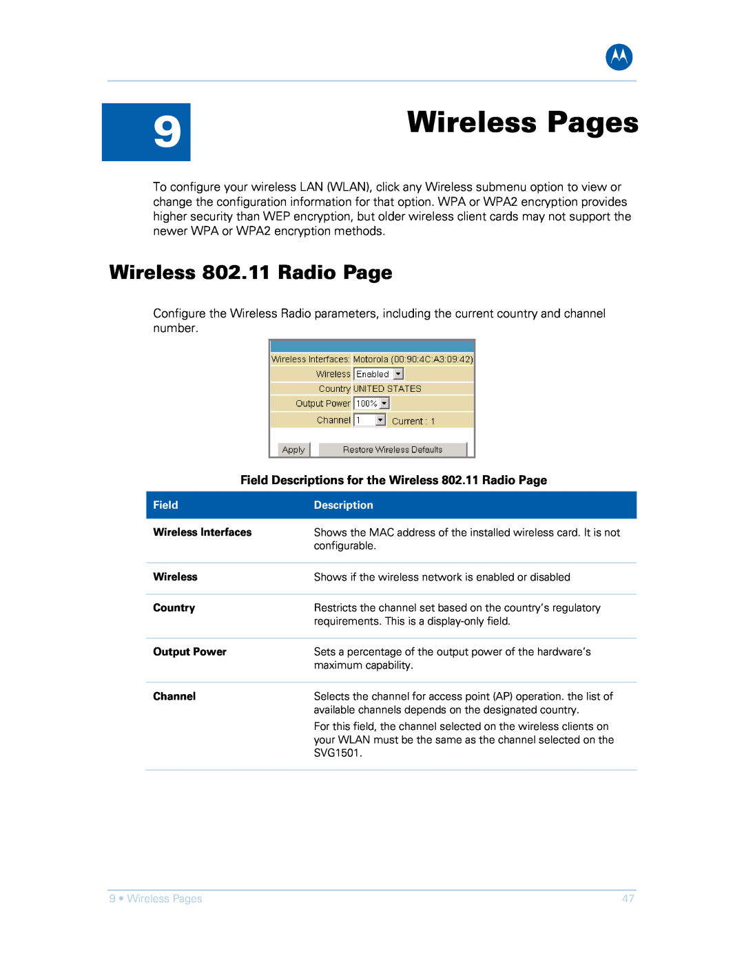 Motorola SVG1501E, SVG1501UE manual Wireless Pages, Field Descriptions for the Wireless 802.11 Radio Page 