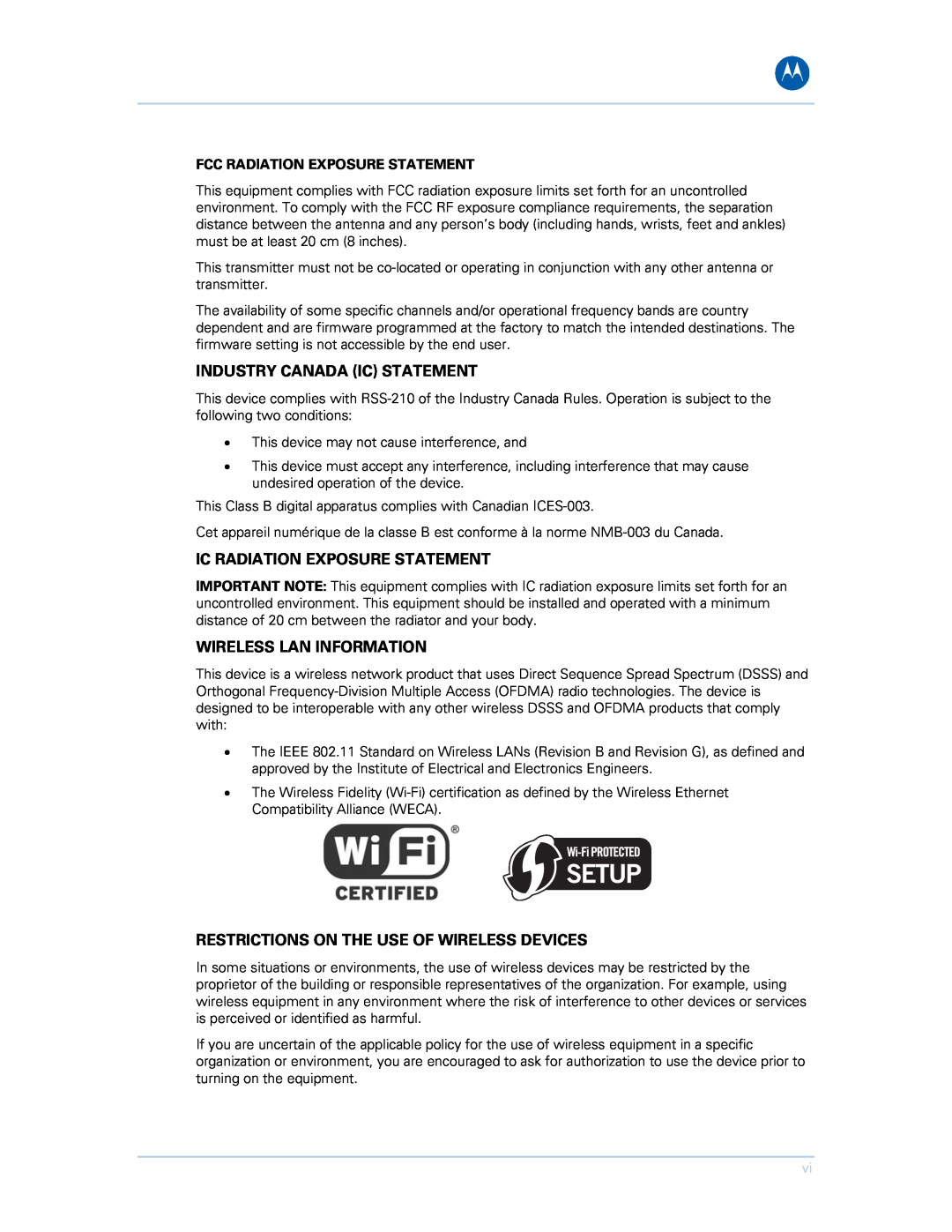 Motorola SVG1501UE, SVG1501E manual Industry Canada Ic Statement, Ic Radiation Exposure Statement, Wireless Lan Information 