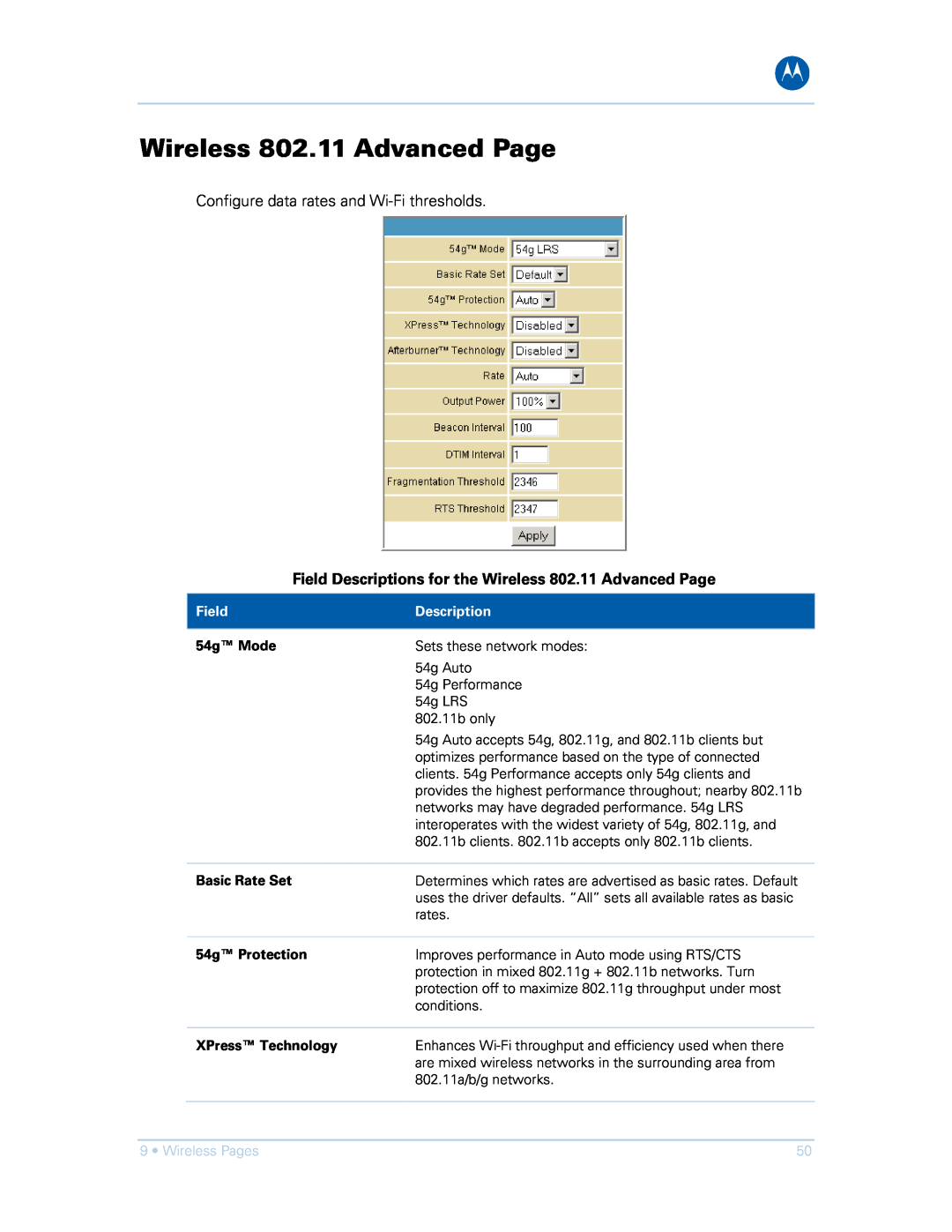 Motorola SVG1501UE Field Descriptions for the Wireless 802.11 Advanced Page, 54g Mode, Basic Rate Set, 54g Protection 