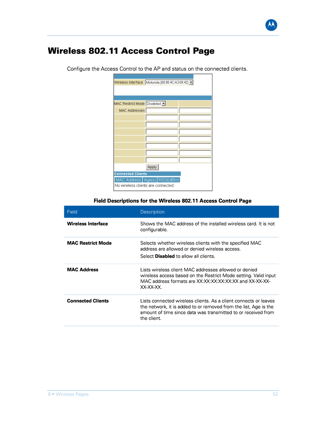 Motorola SVG1501UE Field Descriptions for the Wireless 802.11 Access Control Page, Wireless Interface, MAC Address 