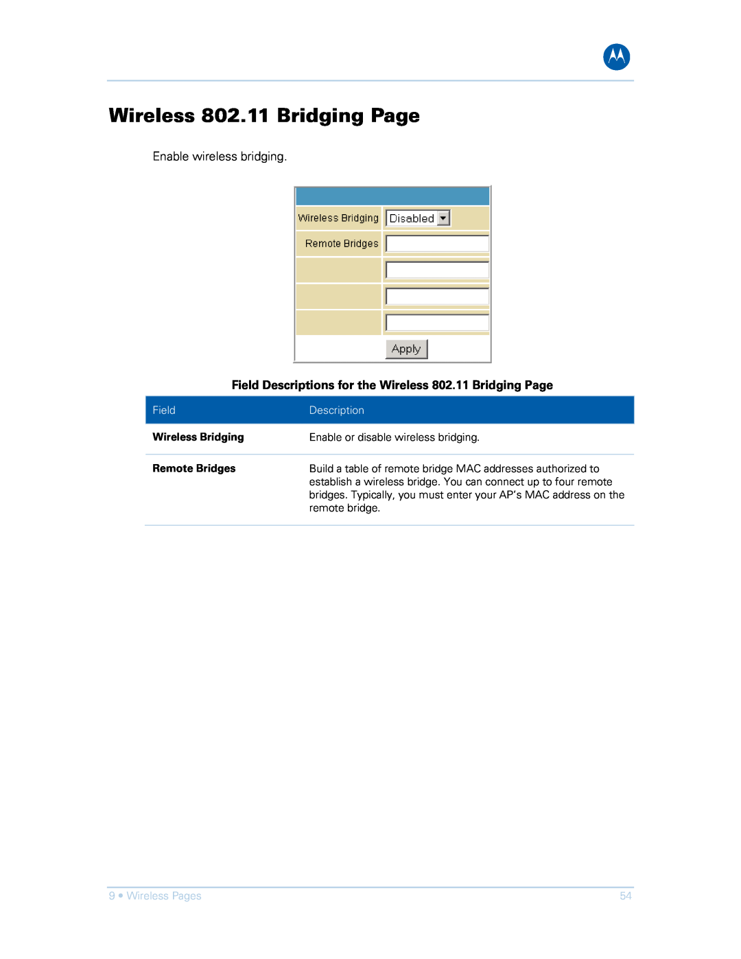 Motorola SVG1501UE manual Field Descriptions for the Wireless 802.11 Bridging Page, Wireless Bridging, Remote Bridges 
