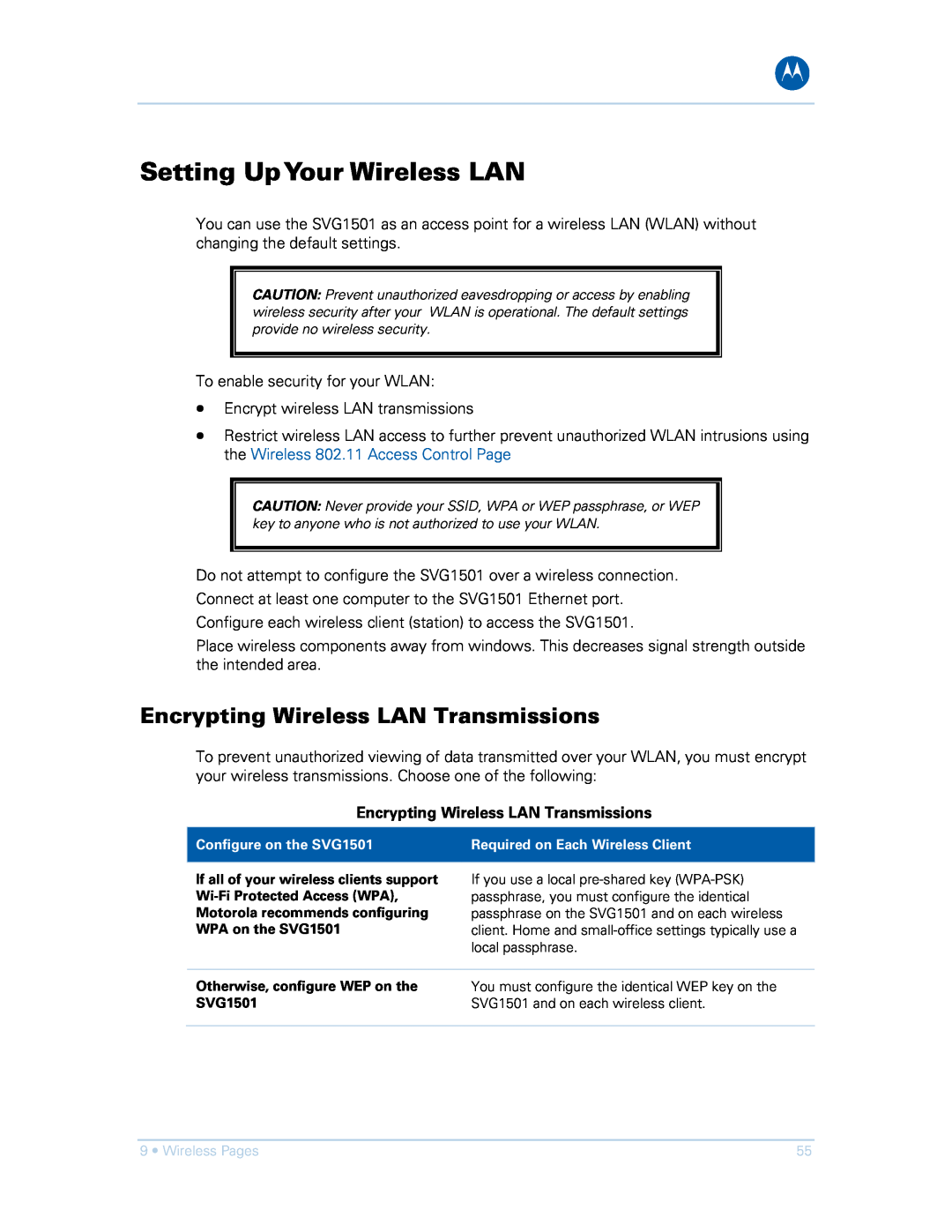 Motorola SVG1501E, SVG1501UE manual Setting UpYour Wireless LAN, Encrypting Wireless LAN Transmissions 