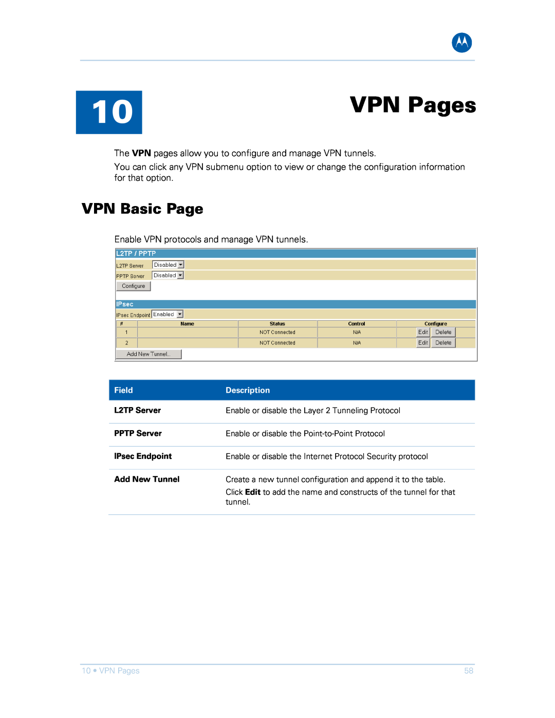 Motorola SVG1501UE, SVG1501E manual VPN Pages, VPN Basic Page 