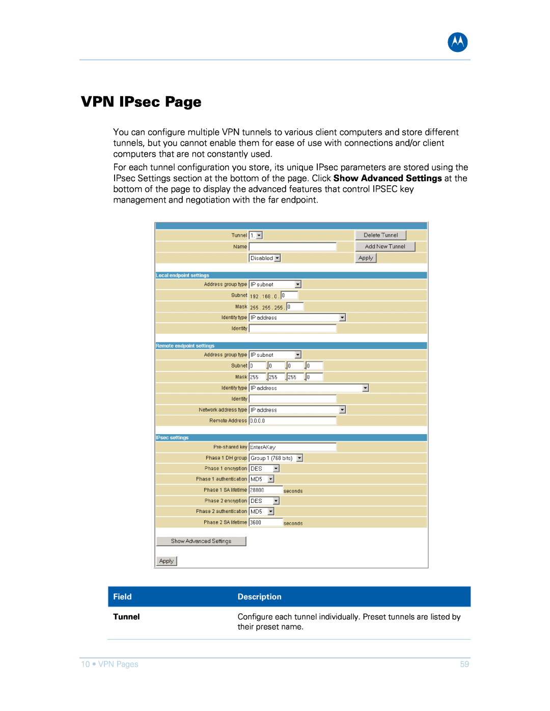 Motorola SVG1501E, SVG1501UE manual VPN IPsec Page, VPN Pages 
