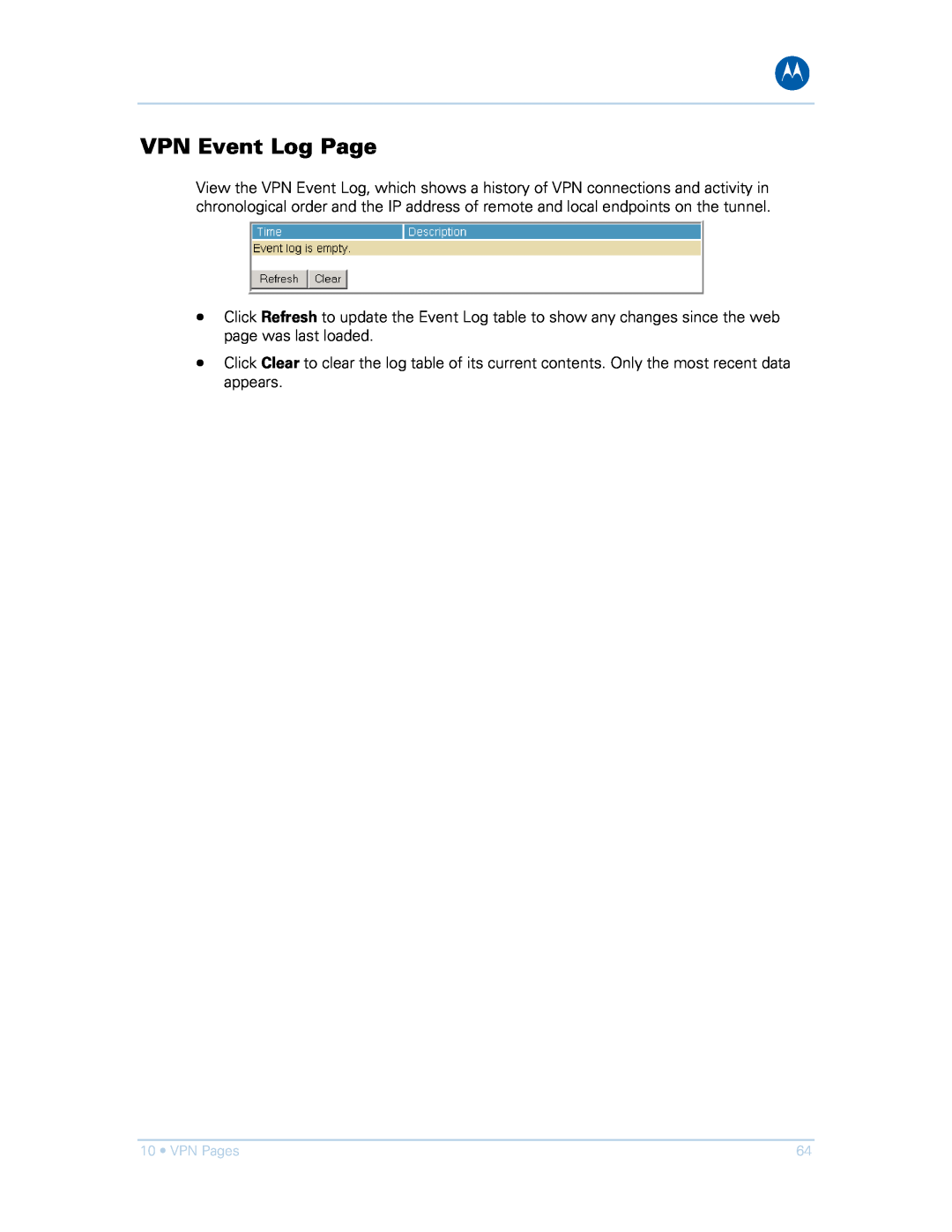 Motorola SVG1501UE, SVG1501E manual VPN Event Log Page 