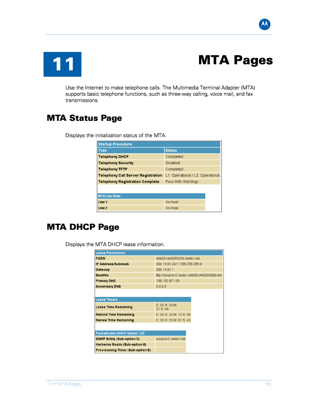 Motorola SVG1501E, SVG1501UE manual MTA Pages, MTA Status Page, MTA DHCP Page 