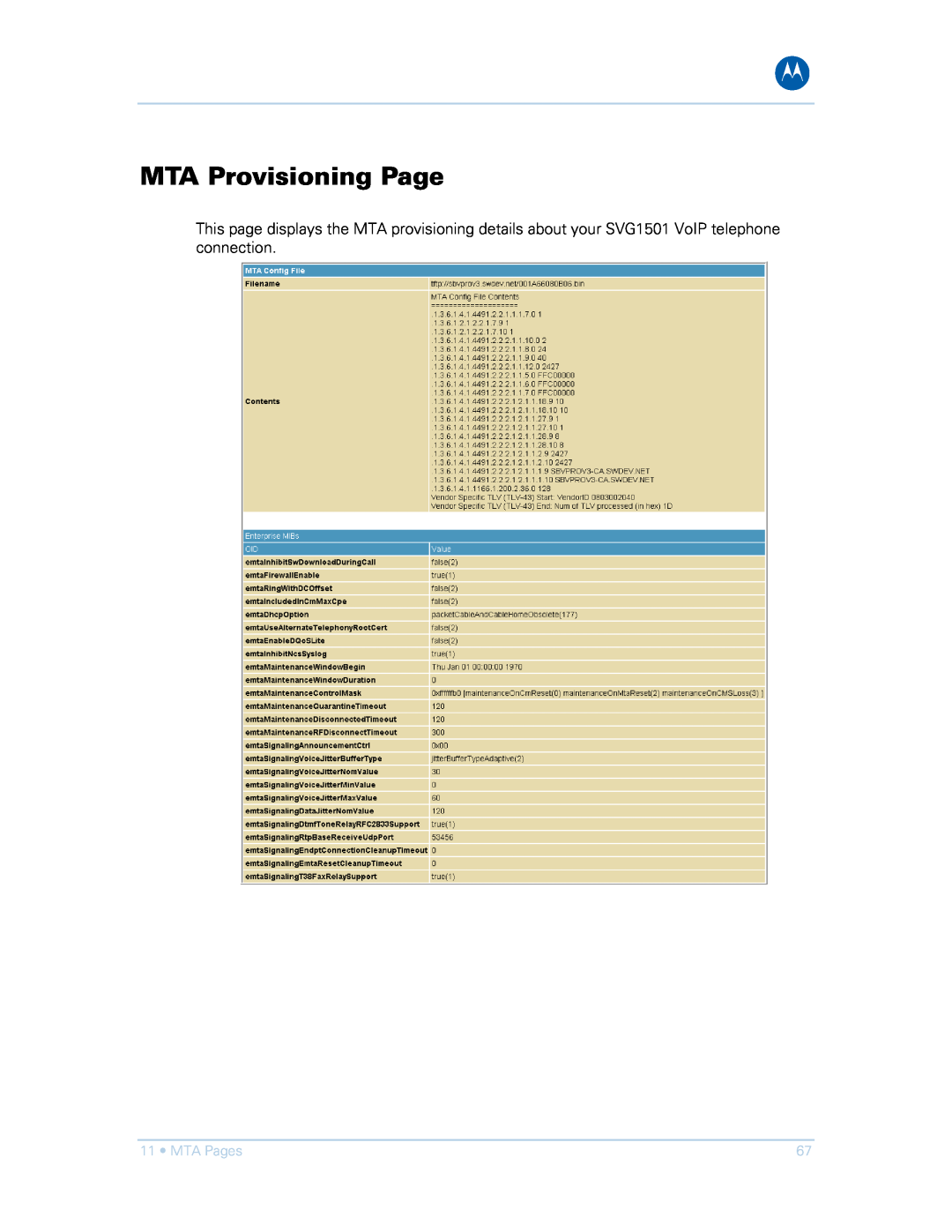 Motorola SVG1501E, SVG1501UE manual MTA Provisioning Page, MTA Pages 