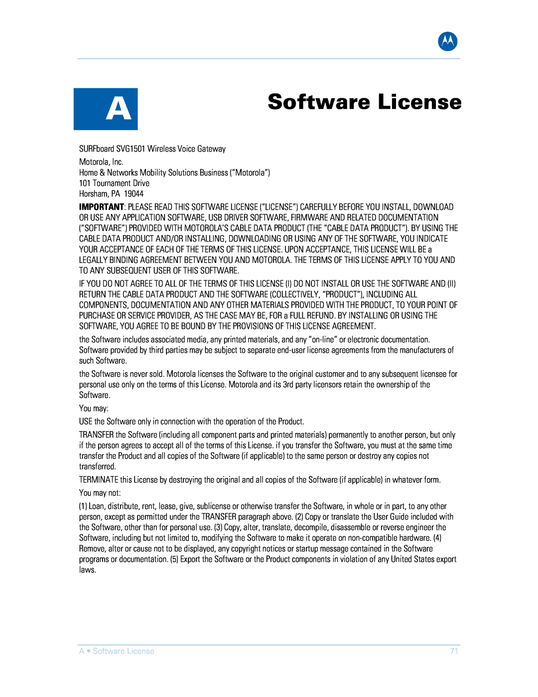 Motorola SVG1501E, SVG1501UE manual Software License 
