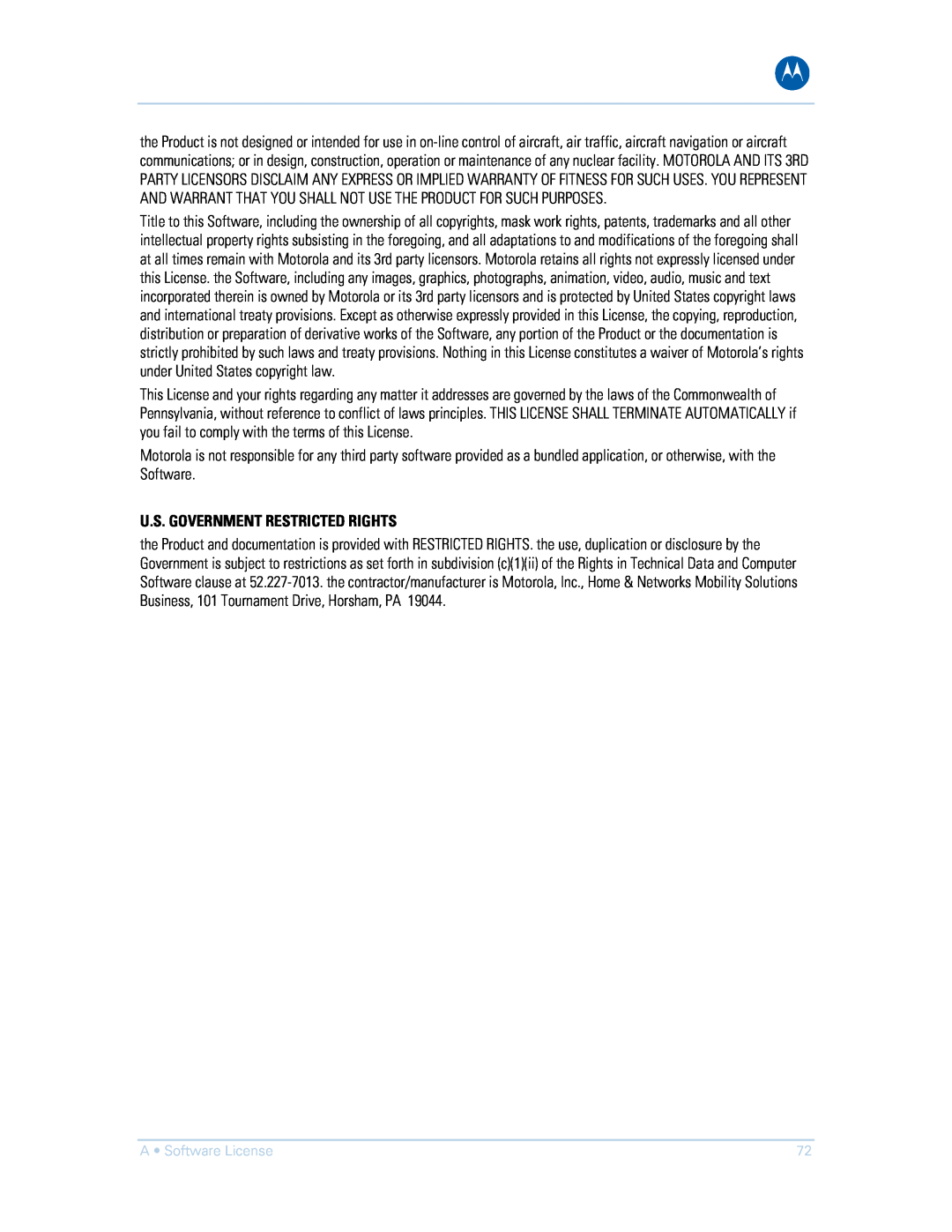 Motorola SVG1501UE, SVG1501E manual U.S. Government Restricted Rights 