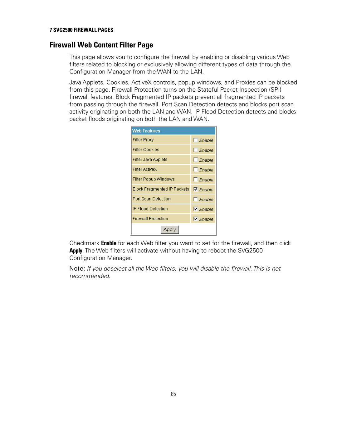 Motorola manual Firewall Web Content Filter, SVG2500 Firewall Pages 