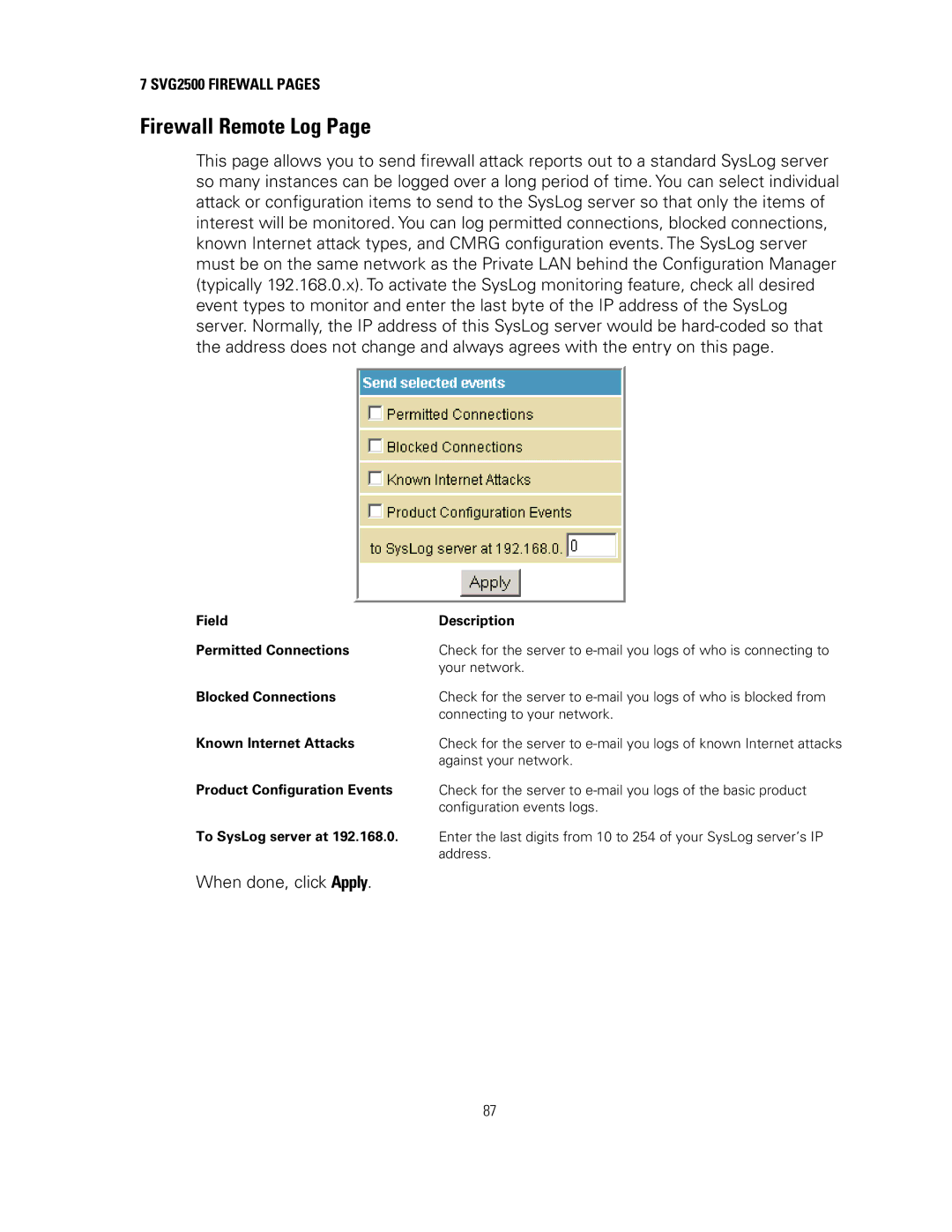 Motorola SVG2500 manual Firewall Remote Log 