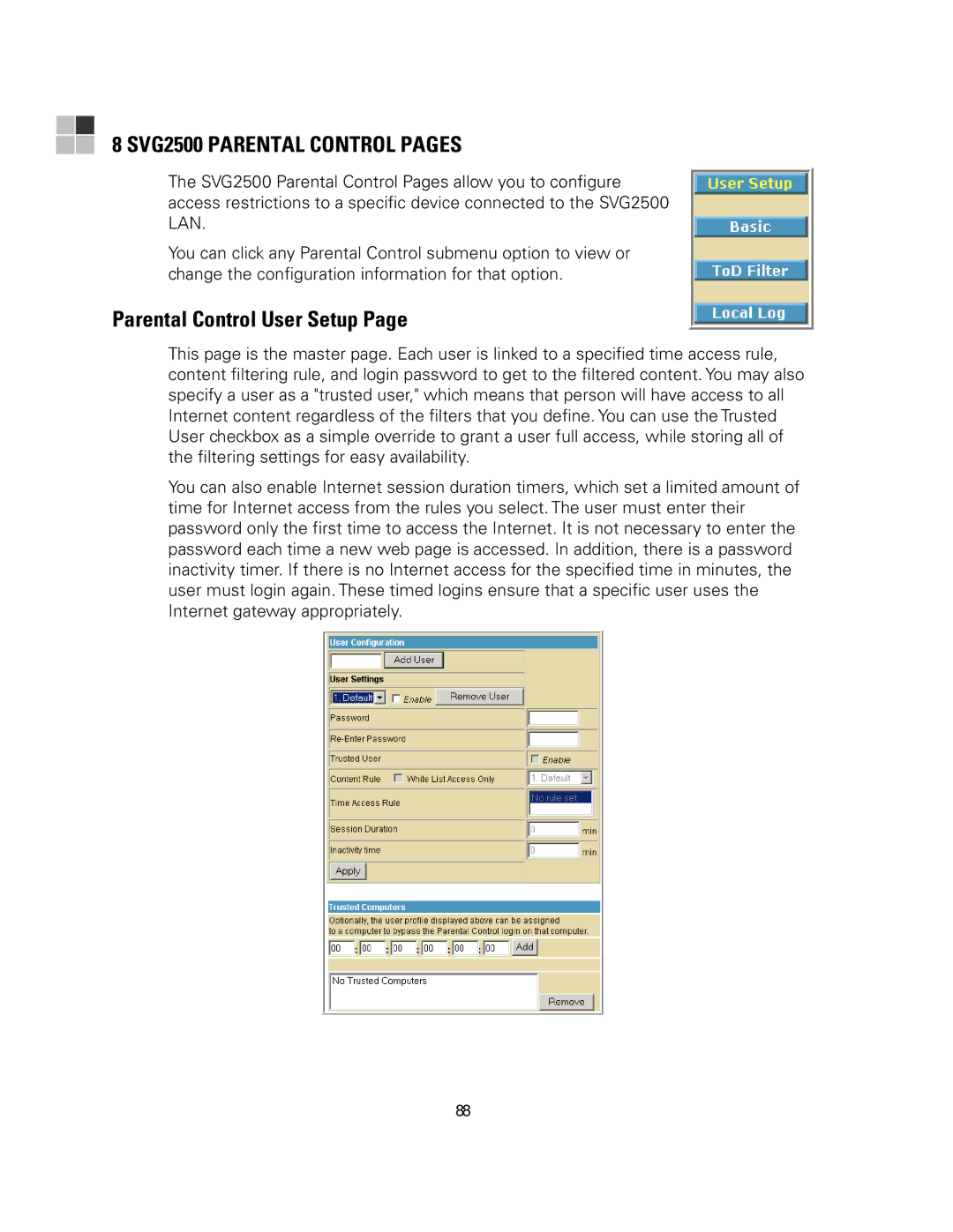 Motorola manual SVG2500 Parental Control Pages, Parental Control User Setup 